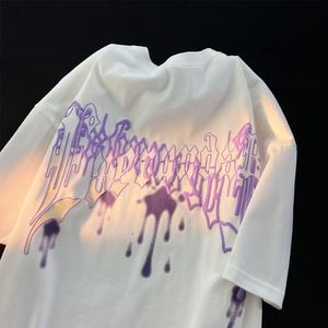 Dames T-shirt Paars Splash-inkt Hiphop Letters Grafische T-shirts Streetwear Oversized korte mouw Tops Zomer Katoen Harajuku Koppels Casual 230606