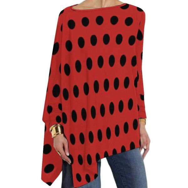 Camiseta de mujer Lunares rojos y negros Polkadots Patrón vintage Moda Camisetas de manga larga Imprimir Camiseta retro Tops Tamaño grande 5XLMujer