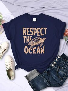 T-shirt pour femmes Respect The Ocean Green Turtle T-shirt en coton adapté à tous les mathématiques, respirant, manches courtes, T-shirt décontracté surdimensionné, vêtements de haut niveau 24322