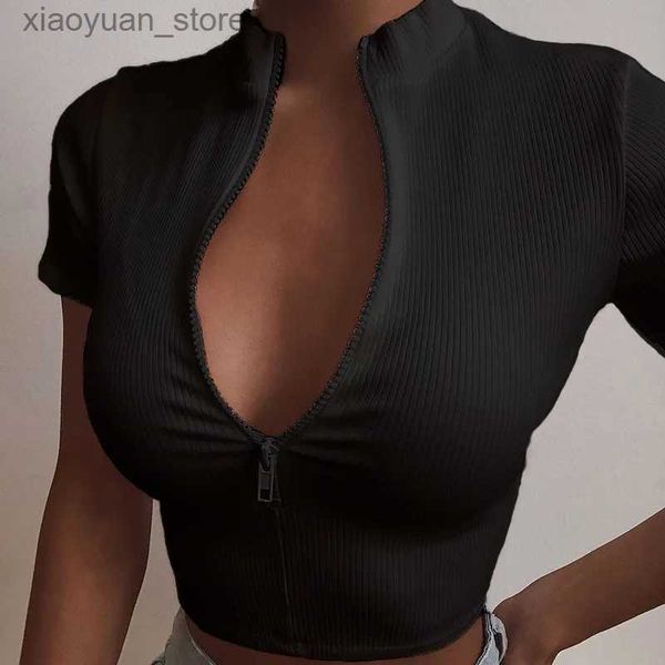 T-shirt Femme Rétro Hot Fashion Slim Fit Zipper Stretch Tricoté T-shirt Femmes Femme Bustier Corset Col Haut Skinny Croped Tee Lady Shirt 240130