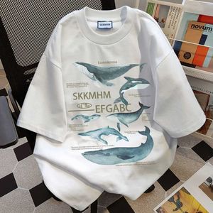 T-shirt pour femmes Retro Lettres Whales T-shirts graphiques imprimés pour hommes Tops d'été surdimensionnés purs coton pur gris court slve harajuku couples y240509