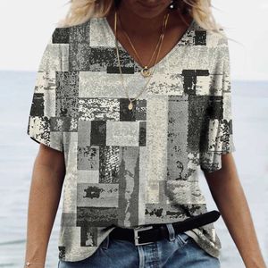 Dames T-shirt Retro Place Weave Dames T-shirt 2023 Hot Shirt Summer V-Neck Casual korte mouwen T-shirt dames oversized top Daily ClothingL2405