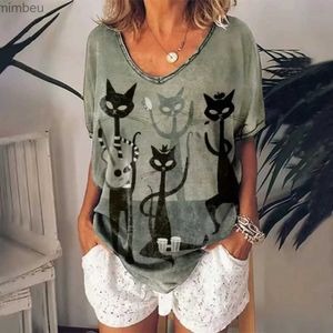 Dames T-shirt Retro Dames T-shirt Anime Kat Grafisch Meisje Kleding Zomer V-hals Korte mouw Tees Vrouwelijke Harajuku Streetwear Oversized BlouseC24319