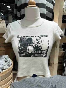 Dames T-shirt Rock gitaar print slim crop dames beige zacht katoen ronde hals zomer T-shirt dames retro Harajuku casual T-shirt Y2k 240322