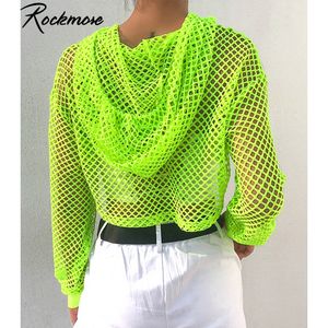 Dames s t -shirt rockmore hooded hoodie t -shirt dames neon groen shirt oversized lange mouw crop top transparant mesh streetwear 230208