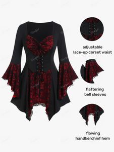 Dames T-shirt ROSEGAL Grote maten Gothic T-shirt Veters met ruches Blouses Flare mouwen Top Dames Lente Herfst Winter Mode Street chic T-shirt 4XL 230927