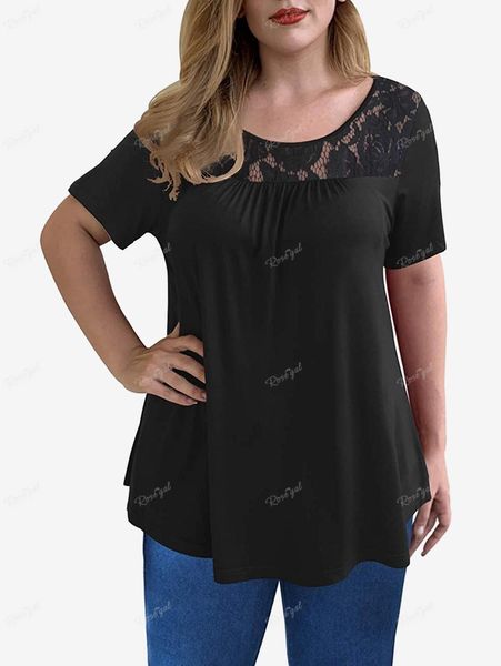 Camiseta de mujer ROSEGAL de talla grande con panel de encaje camiseta de mujer de verano negro rojo profundo Casual cuello redondo Tops 230717