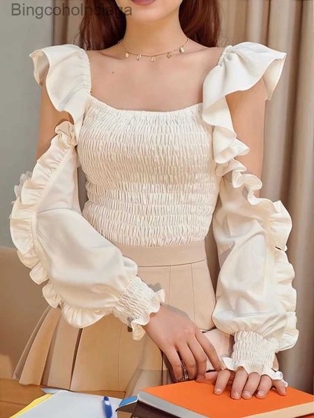 T-shirt da donna con volant spalle scoperte manica lunga camicetta di moda designer coreano gioventù elegante bianco crop top bellissimi vestiti 2023 NewL231208