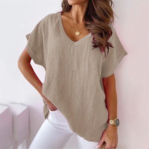 T-shirt femme S-5XL taille coton t-shirt kaki hauts à manches courtes pour femmes été couleur unie lâche chemises à col en v blanc 230515