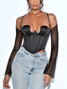 Dames T-shirt Sexy Zwart Satijnen Korset Tops Laag Uitgesneden Ruglooze Getailleerde Mesh Lange Mouw Crop Top Dameskleding Shirts Blouses