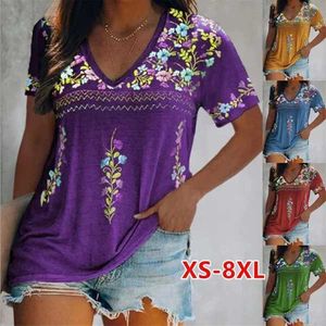 Dames t-shirt sexy boho v nek patchwork blouse tops 2022 zomer dames korte muur losse casual etnische stijl print t-shirt pullover xs-8xl d240507