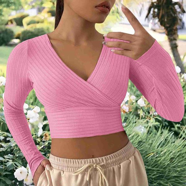 T-shirt femme sexy cross wrap col en V côtelé tricot t-shirt femmes crop tops sexy slim fit solide printemps automne manches longues vêtements rose tops l240201