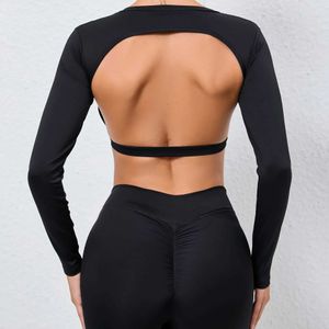 Dames t-shirt sexy holle backless long slve sportieve crop top voor dames sportkleding gym korte t-shirts top met paded lady shirts t240507