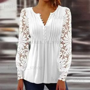 T-shirt Femme Sexy Dentelle Blouses Femmes Col V Creux À Manches Longues Bouton Plissé Tops Femme 2023 Nouveaux Vêtements Grandes Chemises T231204