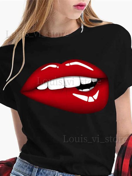 Camiseta para mujer Patrón de labios sexy Camisetas para mujer Tendencia divertida Camisetas negras Moda Casual O-cuello Tops de manga corta Jersey femenino de gran tamaño T240221