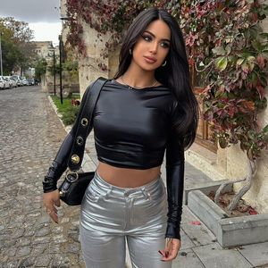 T-shirt Femme Sexy O-cou à manches longues Top court T-shirt 2024 Femme Vêtements Slim T-shirt court Streetwear Femme Automne Hiver Brillant Tops