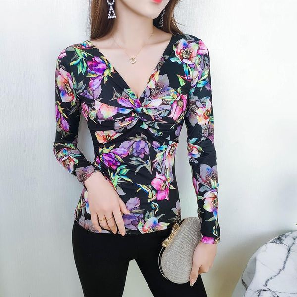 Camiseta para mujer Sexy de talla grande con estampado Floral, camiseta para mujer 2022, primavera Otoño, manga larga, ajustada, camiseta para discoteca, Top de baile