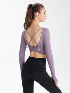 Camiseta de mujer Camisas sexy para mujer Crop Top Open Cross Back Activewear Gym Fitness para mujer Camisetas de manga larga J2305