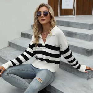 Dames T -shirt Sexy T -stukken 2023 Herfst/winter Nieuwe polo kraag met lange mouwen Katoen geknakte top dames losse streep contrastpullover trui plus size tops