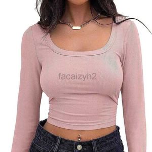 Dames t-shirt Sexy T-stukken 2024 Nieuwe schroefdraad Pit Strip Slim Fit Short Long Sleved Square Neck T-shirt voor vrouwelijke tops