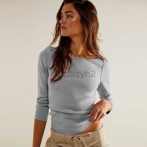 T-shirt pour femmes t-shirts sexy à manches longues courtes avec une ligne décorative du cou droit, un ajustement slim, un style sexy, des dessus de couleurs unis