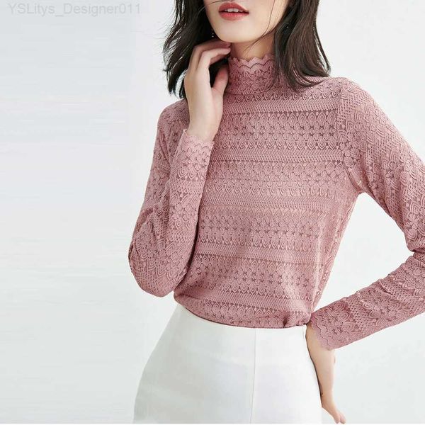 T-shirt Femme Sexy Turtleneck Long Sle T-shirt Femmes Rose Dentelle Crochet Patchwork Tee Tops S M L XL 2XL Blouses en dentelle florale blanche Fe L24312