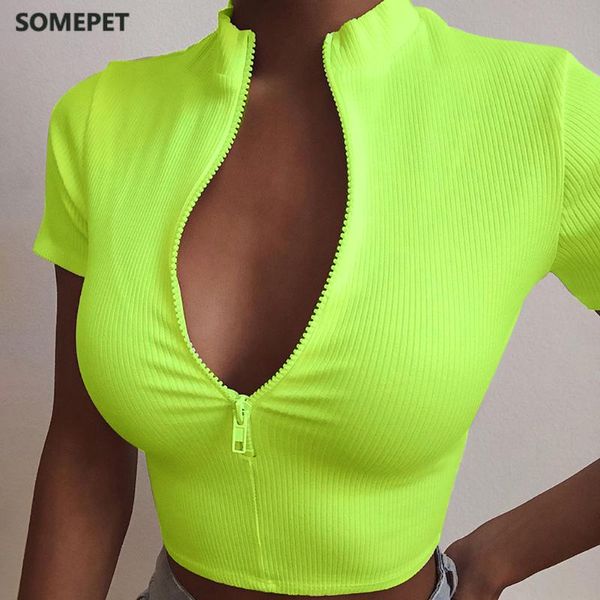 Camiseta de mujer Sexy Zip Up Crop Top de punto Camiseta Mujer Verano con cuello en V Casual Manga corta Ejercicio Blanco Negro Fluorescente Verde Mujer