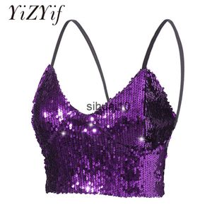 T-Shirt Femme Brillant Sexy Camisole Femmes Festival Raves Crop Top Étincelant Paillettes Col En V Tribal Belly Dance Top Zipper Retour Crop Top Clubwear J230627