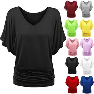 T-Shirt femme chemise femme Harajuku hauts grande taille solide col en V manches chauve-souris ourlet plié haut ample 5XL t-shirts goutte ##5Phyl22 pour femme