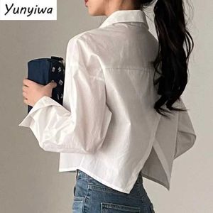 Dames t-shirt shirts dames Koreaanse stijl eenvoudige baggy solide all-match long sle chique crop tops elegante vrijetijdstrendy s-3xl comfort veer d240507