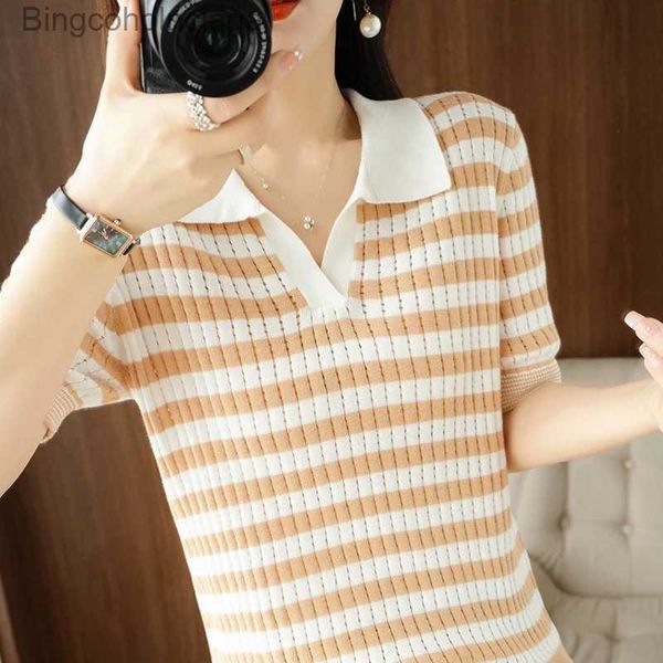 T-shirt Femme T-shirt court pour femmes 2022 Instagram Fashion Summer Design Sens Niche Ultra Hot Col V Chemise rayée TopL231208