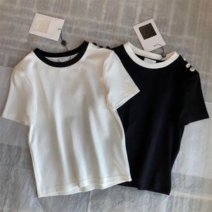 T-shirt à manches courtes pour femmes BlouseTop Casual Match Letter Slim Girl Noir Blanc Bouton Logo Chemises Mode 22SS Coton de haute qualité