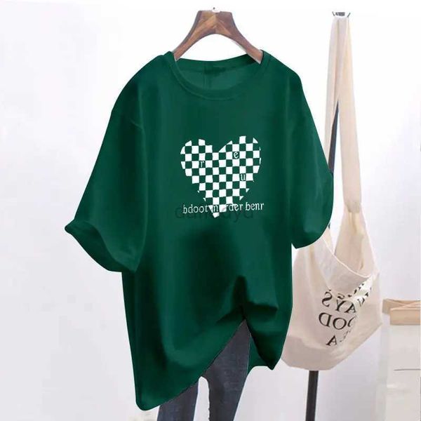 T-shirt femme manches courtes printemps/été nouveau col rond longueur moyenne pur coton encre vert imprimé T-shirt femme version ample et à la mode haut 240322