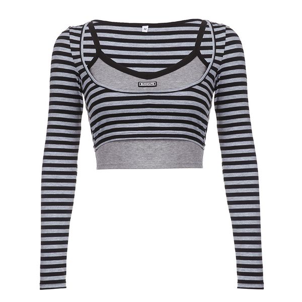 T-Shirt Femme Slim-Fit Halter Neck Vest Contraste Color Stripe Manches Longues Franges Imprimé Leaky Shoulder T-Shirt Wwo-Piece Set Pour Femme