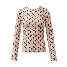 Dames T-shirt Effen kleur Crescent Moon Print Ronde hals Coltrui Lange mouwen Shirt Zomer Dames Hot Style Chic Bodycon Outfits S-XL