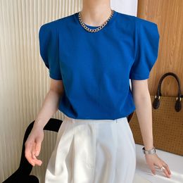 T-shirt femme solide bouffée à manches courtes designer épaulette t-shirt bleu noir été femmes t petit haut 230901