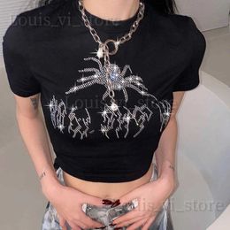 T-shirt Femme Spider Strass Summer Crop Tops Noir Y2K Streetwear Sexy Manches courtes T-shirts serrés pour femmes Slim Baby Tee 2000s Vêtements T240221