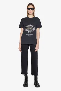 T-Shirt Femme Printemps Et Été Niche Nord-Américaine Avant Bouclier Dos Lettrage Sable Dot Imprimé Coton Noir Manches Courtes TeeFemme