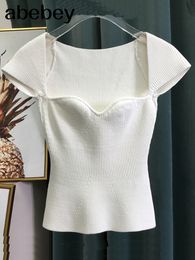 Femmes S T-shirt Spring Sqaure Collier Sans manches Pullover à tricot Slim Short High Top Top Femme Tank WK69001L 230106