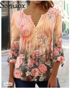 T-shirt féminin printemps d'été décontracté imprimé floral plissé le fond de fossilement féminin V couche à sept points Blouse Femme Commuter New Tops T230826