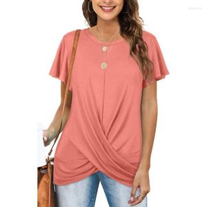 T-shirt Femme Printemps Été Femmes Rose O-Cou À Manches Courtes Femme Tee Lâche Plis Casual Solide Couleur Lady Street T-shirt TopsWomen's Phyl2