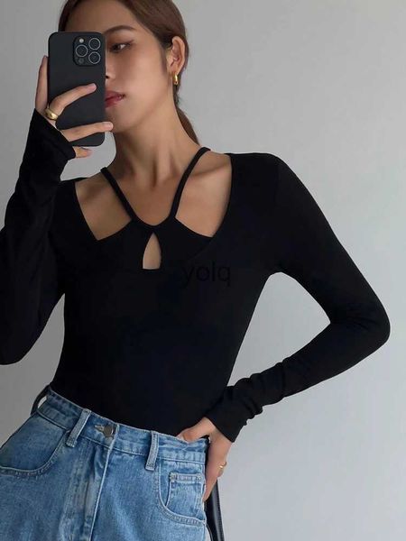 Camiseta para mujer Primavera Mujeres Y2K Diseño Slim Manga larga Camisetas Crop Tops Streetwear Clubwear 2000s Ahetic Gyaru 90s E-Girl Color Sólido Newyolq