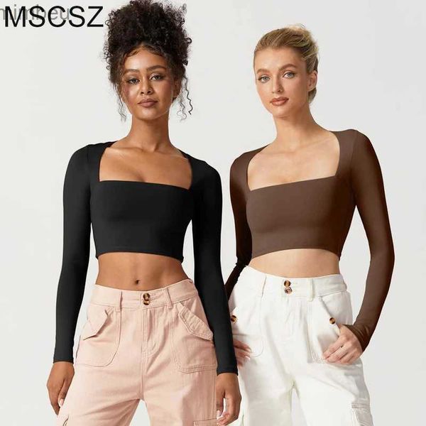 T-shirt femme col carré manches longues crop top femme 2024 mode slim fit plaine recadrée t-shirts blanc noir coton t-shirt Y2KC24319