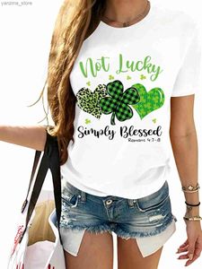 Dames T-shirt St. Patricks Day Womens T-shirt-vierbladige klaver en hartprint Casual korte sleve crew nek top Y240420