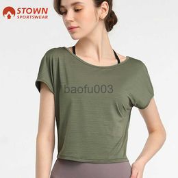 Dames T-shirt Gestreept gebreid T-shirt Sport Running T-shirt met korte mouwen Temperament Crop Top Danstraining Elastische fitnesskleding voor dames J2305