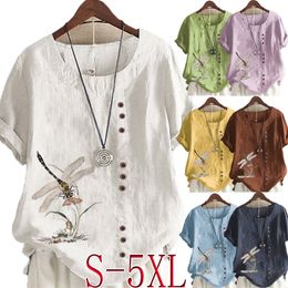 Dames T-shirt Zomer Casual Dragonfly Print losse T-shirt retro katoen en linnen o-neck plus maat korte mouwen dames top S-5XL 230503