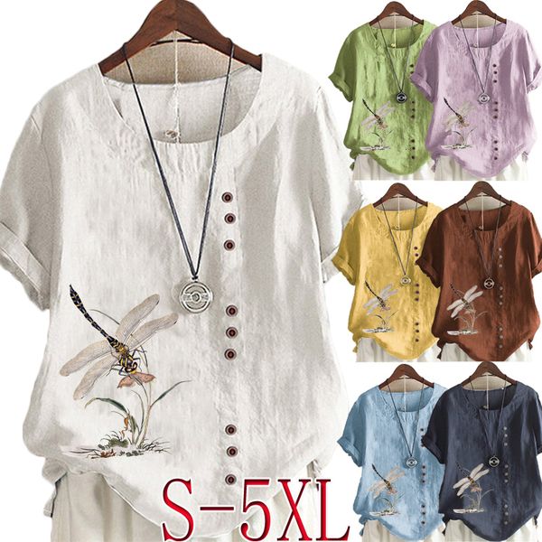 T-shirt femme Été décontracté imprimé libellule T-shirt ample rétro coton et lin col rond grande taille haut à manches courtes pour femme S-5XL 230503