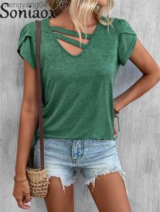 Dames t-shirt zomer casual bloemblaadjes mouw v nek splicing riem tops dames zoete stijl solide kleur losse t-shirt vrouwelijke dagelijkse pullover tees t230510