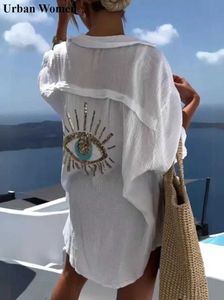 Dames t-shirt zomer casual pailletten oog shirt dames modieuze strandstijl losse knop zonbescherming katoen linnen shirt dames jurk2405