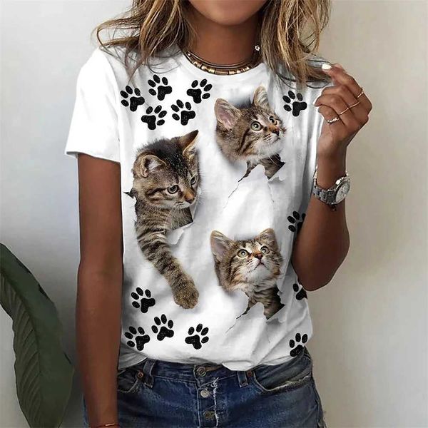 T-shirt pour femmes T-shirt mignon chat Femme 3D T-shirt T-shirt Tee Harajuku Animal T-shirt à manches courtes à manches ornées